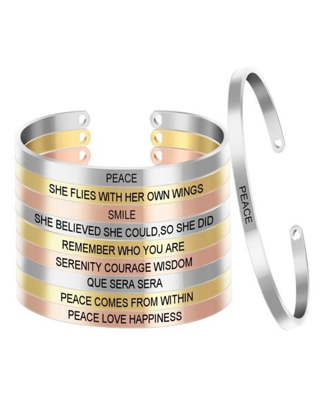 

10pcslot laser engraving positive id inspirational quote stainless steel bangles collection customized cuff mantra bracelet sl055210733, White