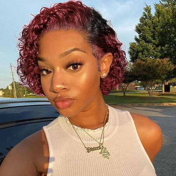 

hair wigs human curly wave side part wig short bob pixie cut brazilian remy deep none lace front for women 230412, Black