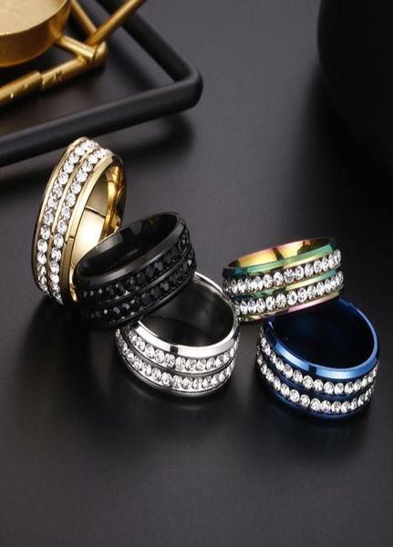 

2 rows crystal stainless steel rings band wedding ring for women men bride fashion hip hop jewelry4870565, Silver