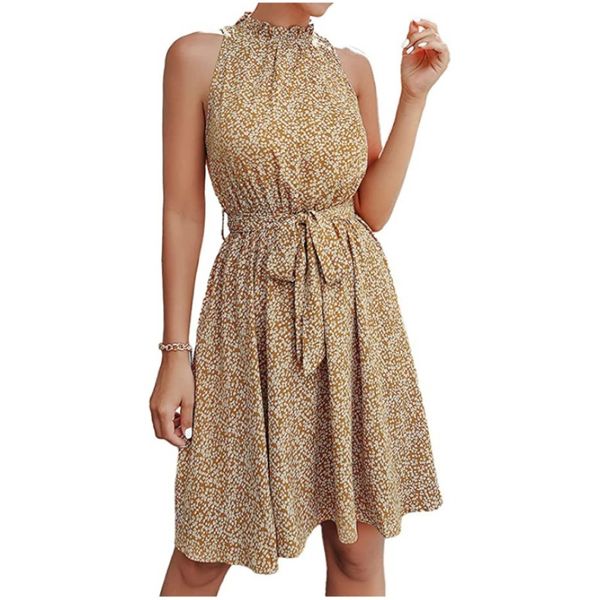 

women 2023 summer halter neck dresses sleeveless casual floral polka dot leopard print short boho ruffle sundress, Black;gray