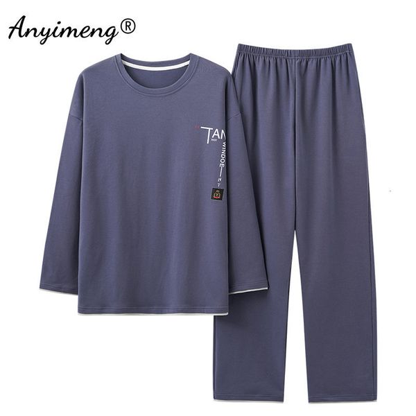 

men's sleepwear l4xl pajamas autumn winter soft cotton leisure full length pijamas elegant plus size round collar nightwear 23412, Black;brown