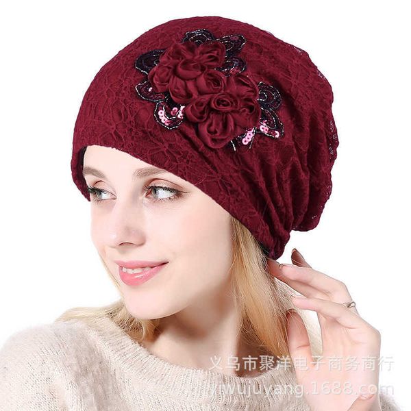 

hbp thin lace flower pullover hat, summer thin women's headscarf hat, postpartum hat, pile up air conditioning hat, children's cro, Blue;gray