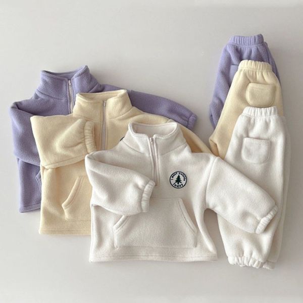 

clothing sets toddler boys clothes set outfit children warm fleece swearshirt baby girls pullover pants suit 2pcs kids clothing set 230412, White