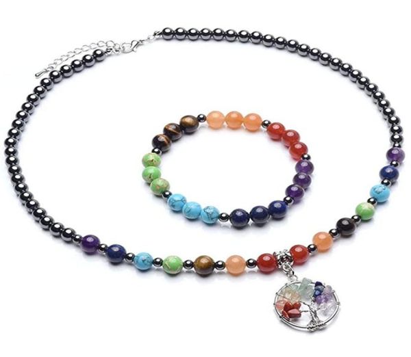 

jln seven chakra hematite jewelry set energy yoga reik stone stretch bracelet lobster clasp life tree necklace for girls and women4003756, Black