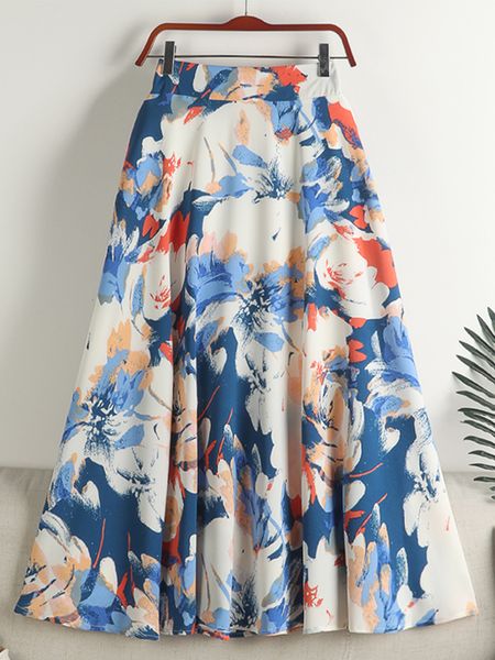 

skirts surmiitro summer midi long leather women's korean fashion chiffon flower print aesthetics high waist a-line leather women's, Black