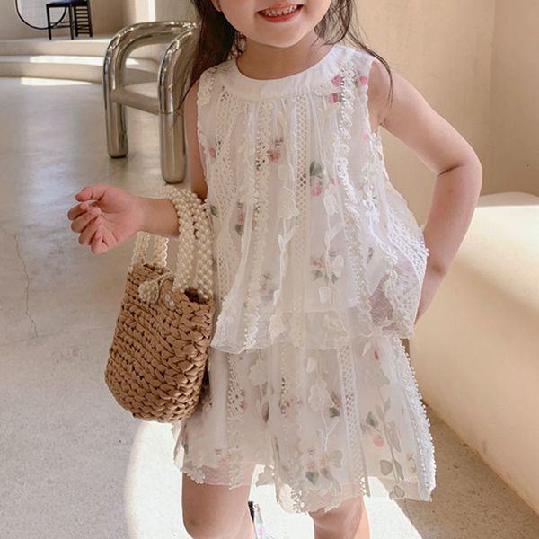 

clothing sets summer children girls flower lace embroidery shorts toddler baby clothes suit fashion kids outfit 230412, White