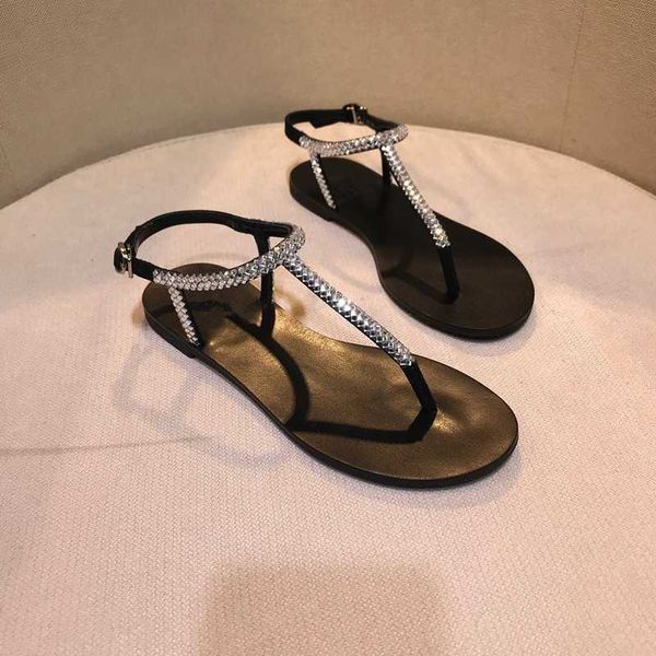 

sandals 2023 new summer women beach sandals lady shining diamond shoes mujer original design boho t-strap flops slipper femal plus size, Black