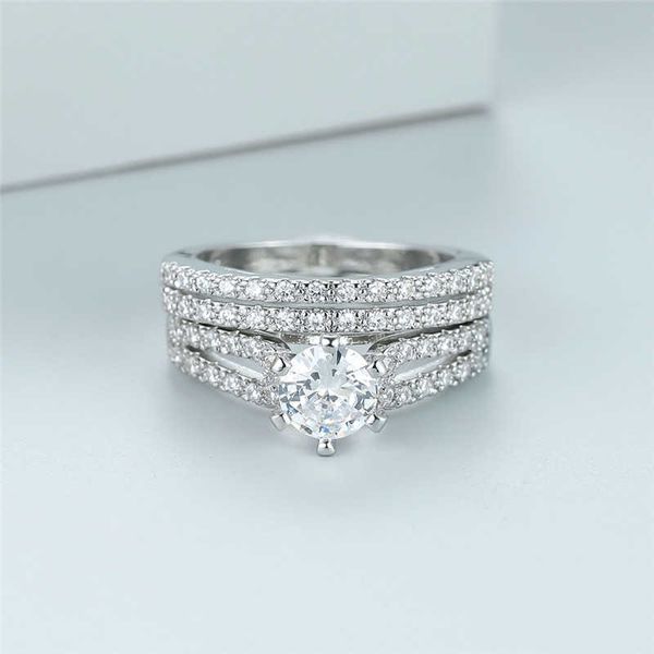 

band rings luxury crystal white zircon engagement rings boho silver color wedding ring sets classic six claw round stone ring set for women