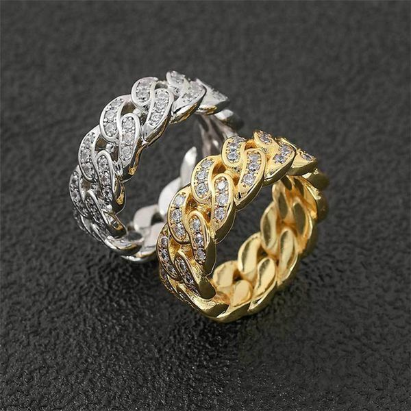 

8mm fashion hiphop cuban link chain ring for man party 18k gold copper aaa cubic zirconia diamond silver mens rings south american trendy de, Golden;silver