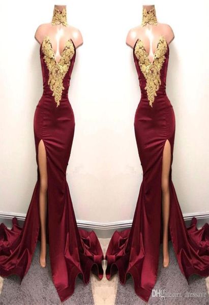 

arabic burgundy prom dresses evening high neck gold lace appliqued sleeveless mermaid front split elegant formal party gowns3850101, Black