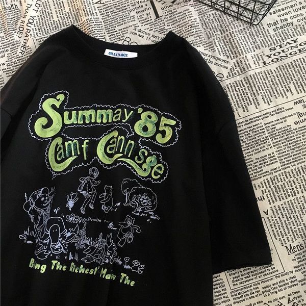 

men's t-shirts american style retro abstract cartoon fun men and women fashion loose design short sleeve t shirt street couple half 230, White;black