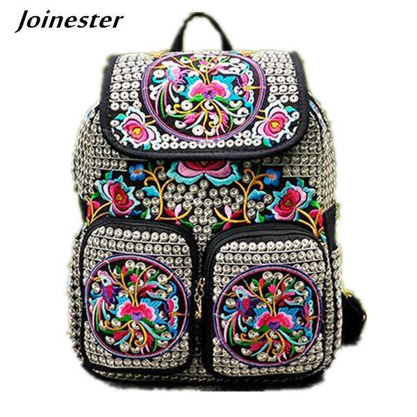 

floral embroidered casual canvas women backpacks girls ethnic schoolbags ladies vintage rucksack multi pockets flap travel bags 230412
