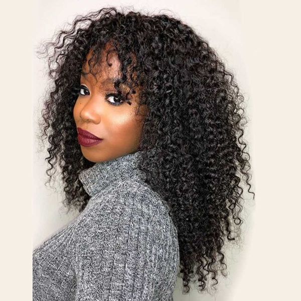 

hair wigs jerry curly human with bangs brazilian remy for women full machine made no lace fringe wig 230412, Black
