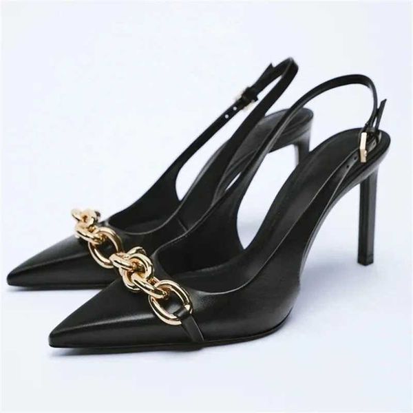 

new sandals women metal chain heels summer woman slingback pumps black leather high fashion plus size heeled 230406
