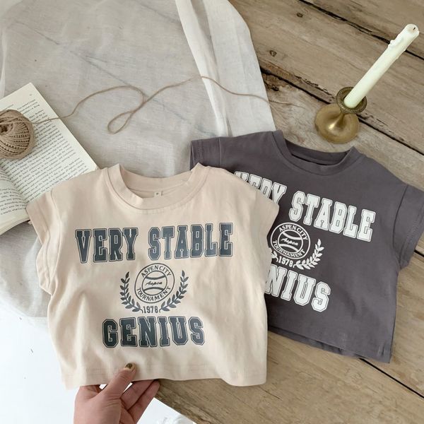 

tshirts 2023 summer kids tshirt fashion solid letter girls tees sleeveless cotton korean casual children clothes for 16y 230412, Blue