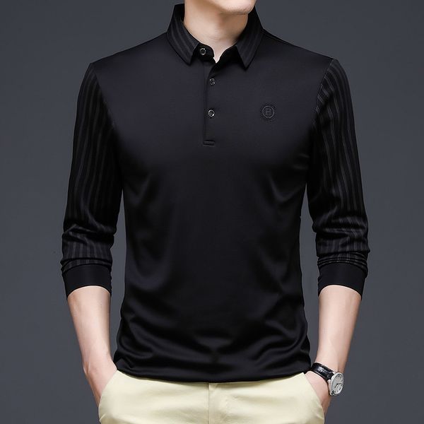

men's polos spring/summer men's t-shirt long sleeved ice silk sleeve printed polo neck trend polo shirt business casual shirt 2304, White;black
