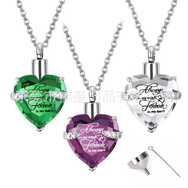 

stainless steel birthstone urn necklace love glass pendant memorial family pet jar, Black