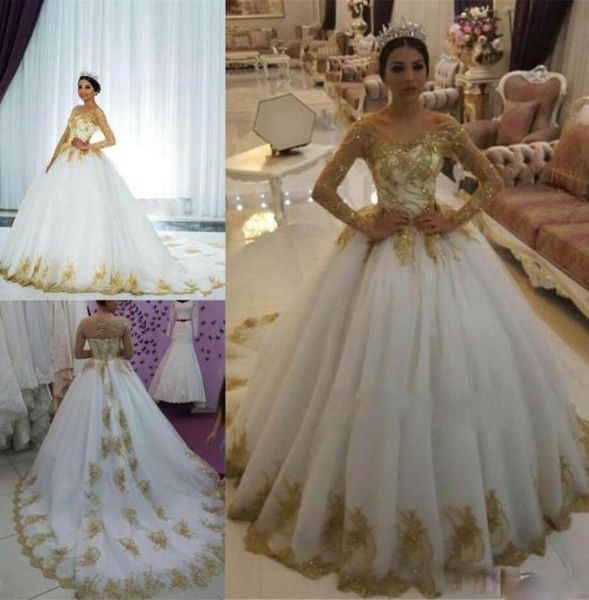 

gold lace appliqued wedding dresses long sleeve beaded scoop neck bridal gowns boho sweep train wedding dress7026869, White