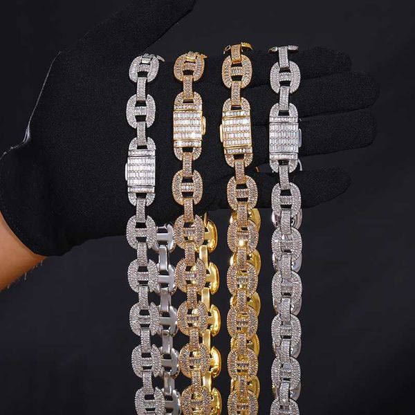 

luxury party jewelry 16mm gold plated brass baguette zircon diamond iced out miami cuban link chain necklace, Silver