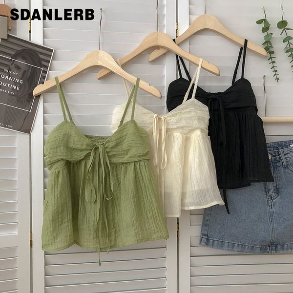 

camisoles tanks summer korean style sweet crop all match bow tie sleeveless short mesh outer wear spaghetti strap camisole 230411, Black;white