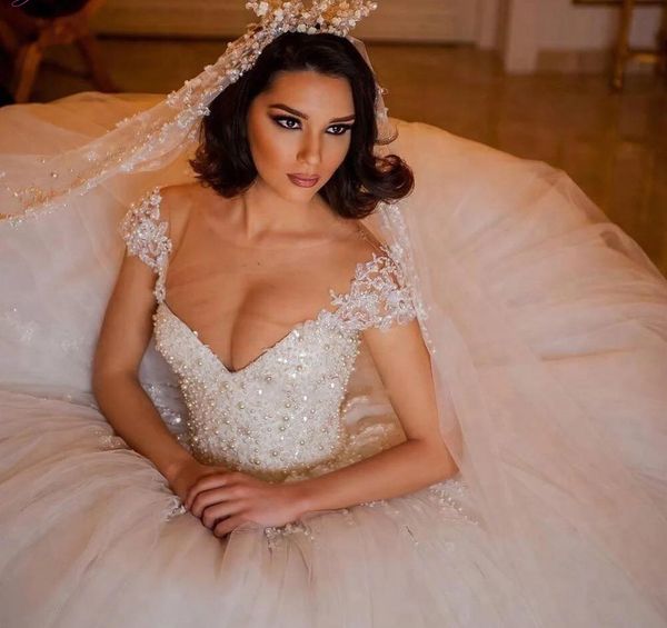

gorgeous wedding dress 2023 bridal gown sheer v neck beading pearls lace puffy skirt vestidos de noiva custom made mariage, White