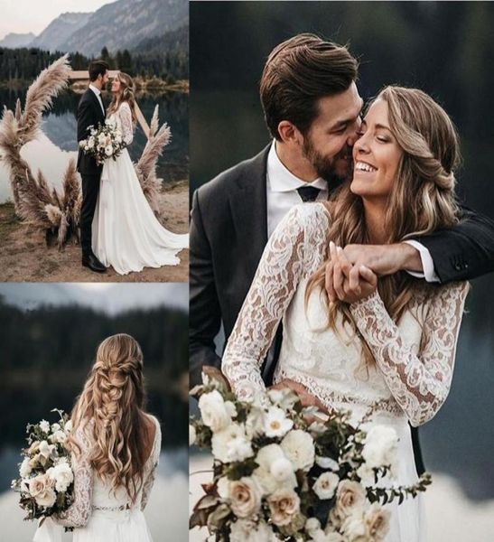 

vintage plus size long sleeves lace boho wedding dresses lace applique v neck beach country style bohemian wedding dress bridal go5017485, White