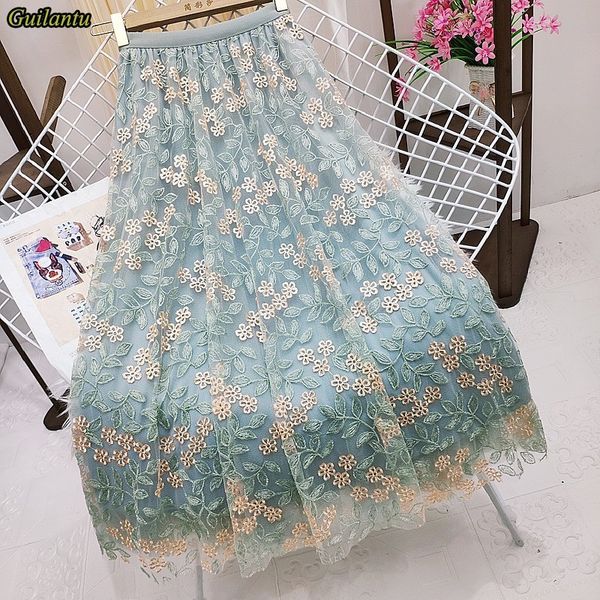 

skirts guilantu summer embroidered flower net long leather women's elastic high waist flap green leather korean leisure tennis 230412, Black