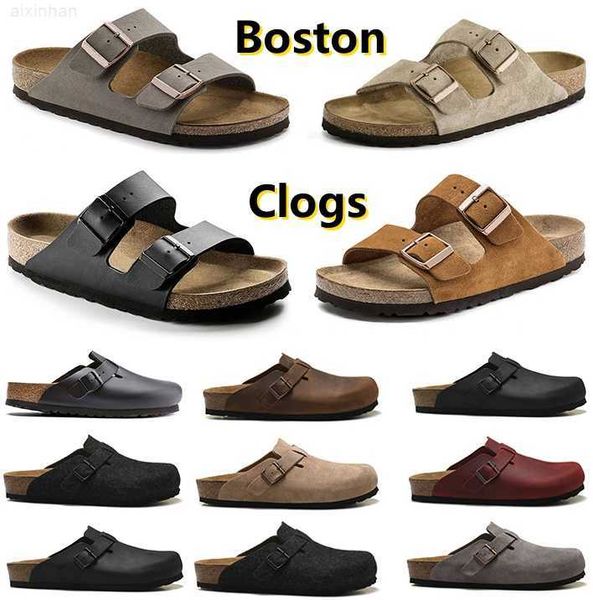 

boston 2023 slippers birks beach sandals lazy shoes lovers scuffs designer trainers new leather bag head pull cork female male summer cloggs, Black