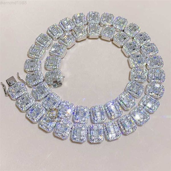 

rapper jewelry men fashion vvs moissanite iced out tennis chain 13mm baguette cluster tennis chain, Silver