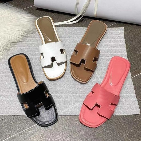 

designer oran slides classics women slipper leather flat lady summer beach, Black