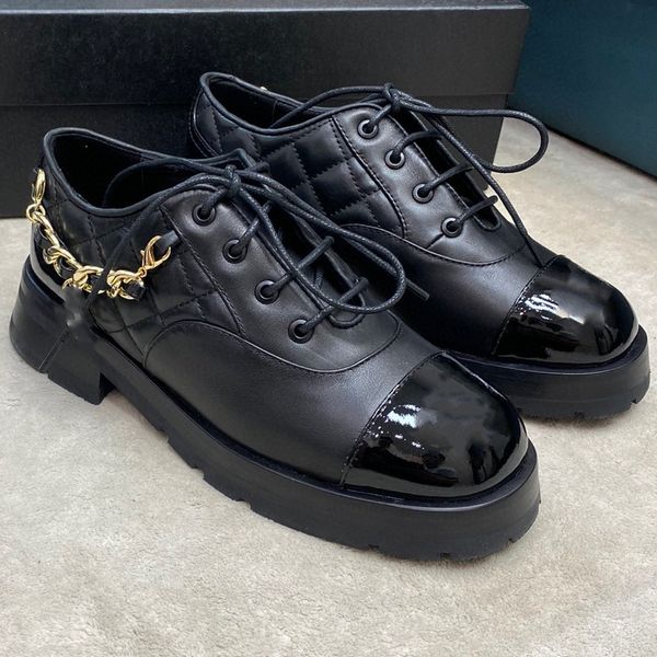 

new luxury autumn standard dress shoes chain boots thick sole lefu flats balack english style small leather shoe coarse large head high heel, Black