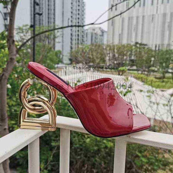 

gold metal letter strange heel mules for girls leather peep toe slip-on summer sandals women aa220316, Black