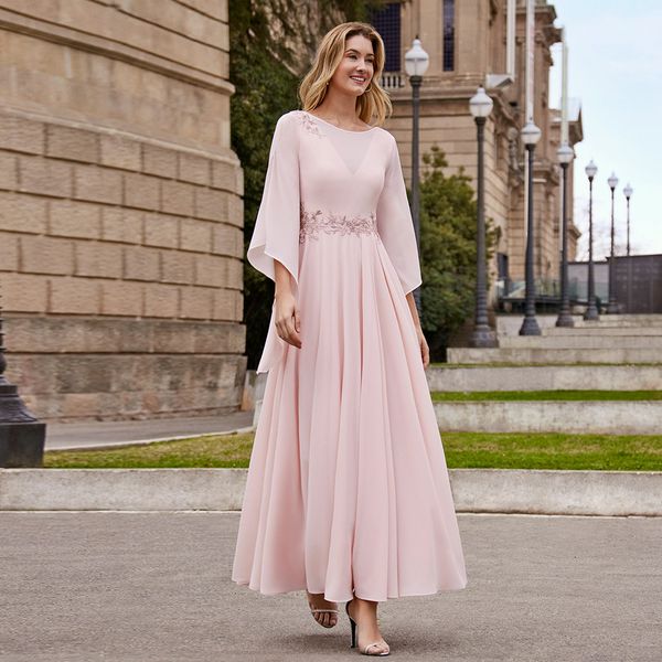 

moden pink mother of the bride dress 2023 jewel neck 3/4 sleeves appliques a-line ankle-length chiffon wedding party gowns robe de soiree, Black;red