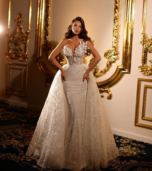

exquisite mermaid wedding dresses sleeveless v neck beaded sequins appliques 3d lace flowers zipper detachable train bridal gowns plus size, White