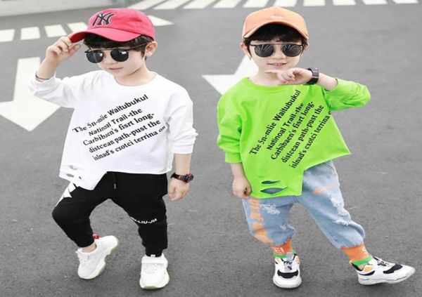 

2020 new fashion letter boys t shirt long sleeve kids tshirt cotton hole boys shirt kids designer clothes boys clothes retail b691391125, Blue