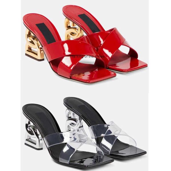 

luxury women's sandals polished lacquer leather pvc narrow band cross dg high heel slippers square head modern women's summer show, Black