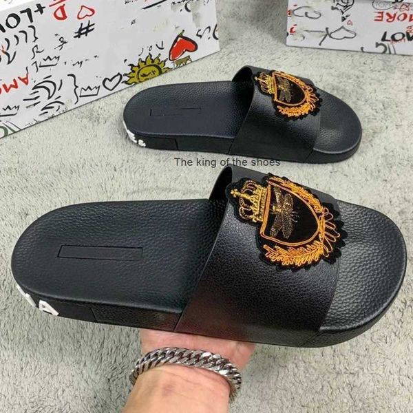 

famous designer slippers casual flat-bottomed shoe flip flops for men women dg summer sandals beach slide size 45, Black