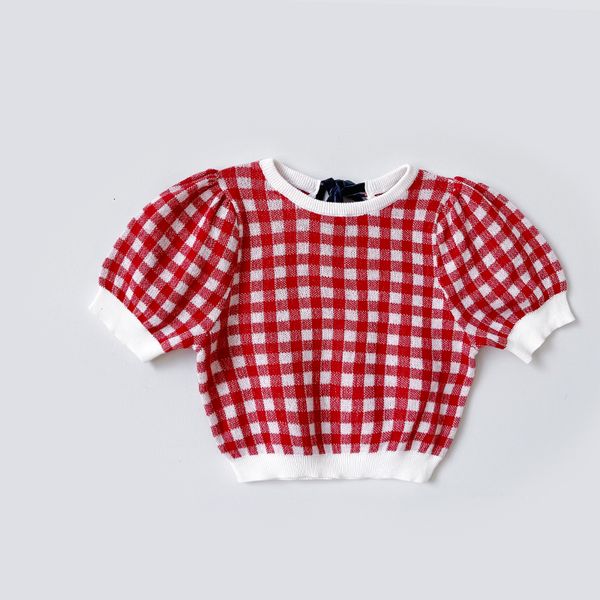 

tshirts baby girls red grid knit tshirt oneck short puff sleeve summer autumn thin bow bottom t shirt princess toddler kids 230412, Blue