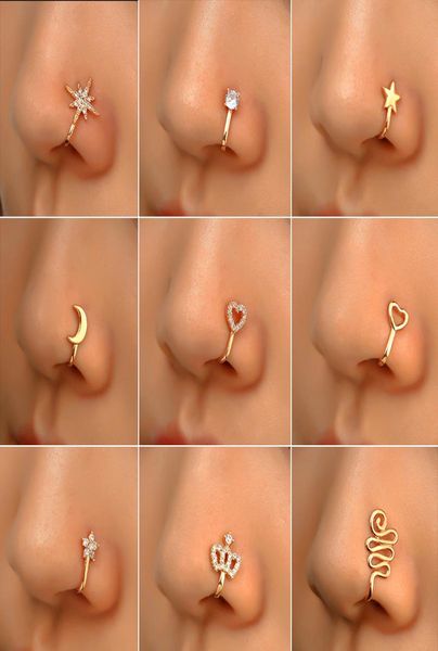 

16 styles small copper fake nose rings for women non piercing gold plated clip on nose cuff stud girls fashion party jewelry5237693, Silver