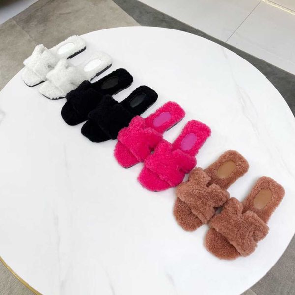

designers women slippers oran woolskin sheepskin slides winter plush fur slide classic open toe casual sandals rubber sole flat slipper, Black