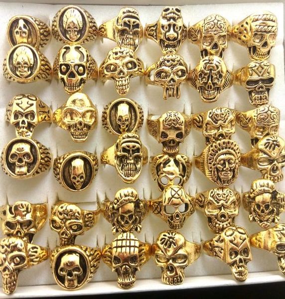 

whole lot 50pcs gold mix men gift mens punk style jewelry skull ring skeleton pattern man gothic biker rings party gift wholes6789615, Silver