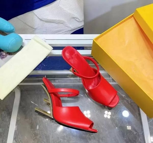 

23s/s first sandals dress shoes leather strap f-shaped sculpted heel pumps wholesale gold-colored metal discount outdoor footwear with box, Black