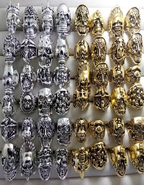 

whole 100pcs silver gold skull head patten skeleton alloy rings jewelry finger ring crystal men punk biker fashion size 8112914073, Golden;silver
