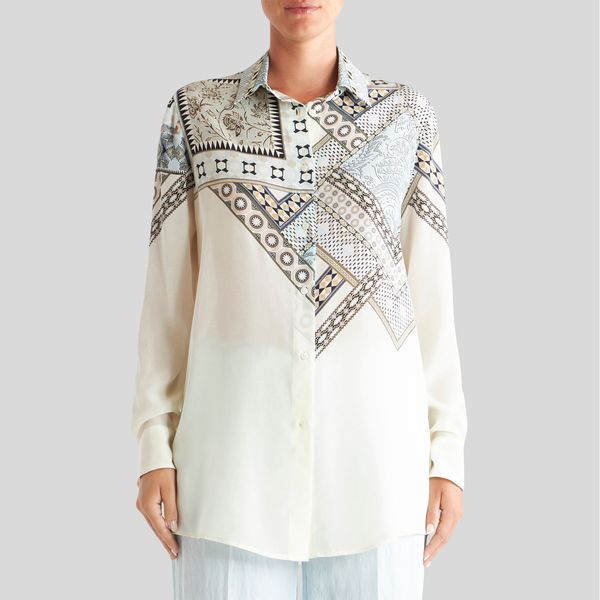 

women's blouses & shirts luxury design long sleeved art printed silk shirt, White