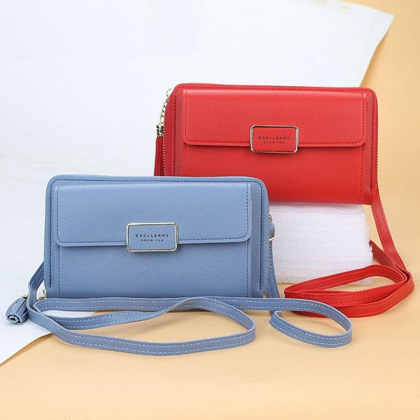 

women wallet solid color leather shoulder straps shoulder bag mobile phone big card holders pockets for girls, Black;red