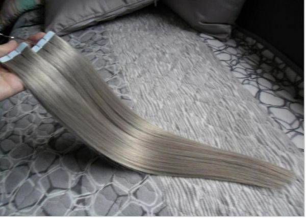 

8a grade silver gray color hair extensions brazilian tape in remy hair straight hiar weft pu 100g human hair extensions tape in2388954, Black