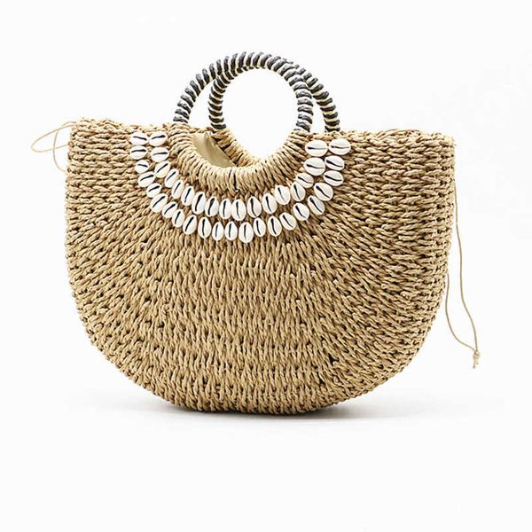 

2023 new shell moon bag straw bag women's straw bag handmade woven basket wicker summer grass bags drawstring of totes 230412