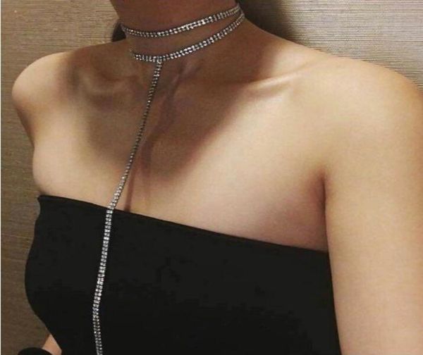 

women long rhinestone choker necklace jewelry double strand layered rhinestones crystal chokers long necklace qd8859241, Golden;silver
