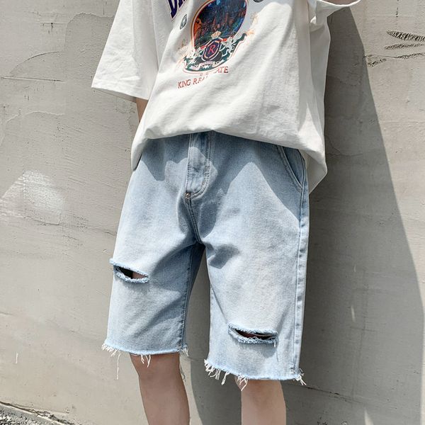 

men's shorts summer men's torn denim shorts light blue thin washed loose shorts korean design original edge short jeans neutral st, White;black
