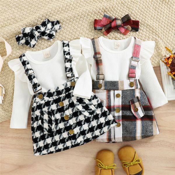 

clothing sets autumn winter toddler kids clothes girls ruffles long sleeve knitted bodysuits plaid suspender button dress headband 230412, White